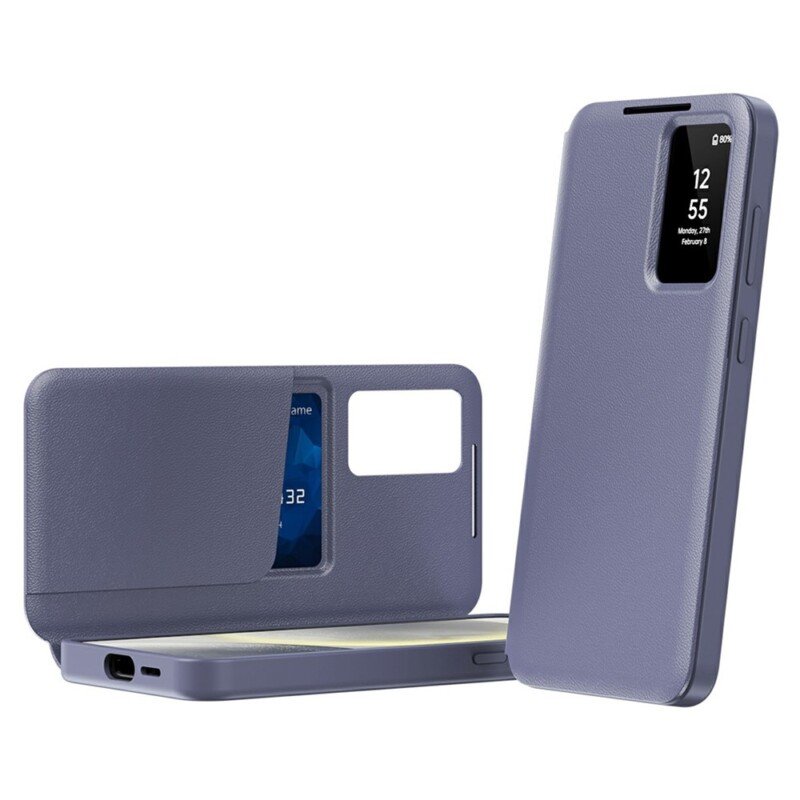 Samsung Galaxy S26 Ultra piniginės tipo dėklas su peržiūros langeliu (pilkai violetinis)