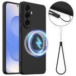Samsung Galaxy S26 magnetinis skystojo silikono dėklas su dirželiu (juodas)