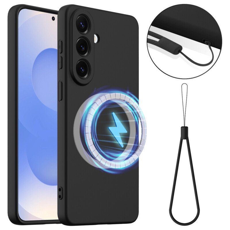 Samsung Galaxy S26 magnetinis skystojo silikono dėklas su dirželiu (juodas)