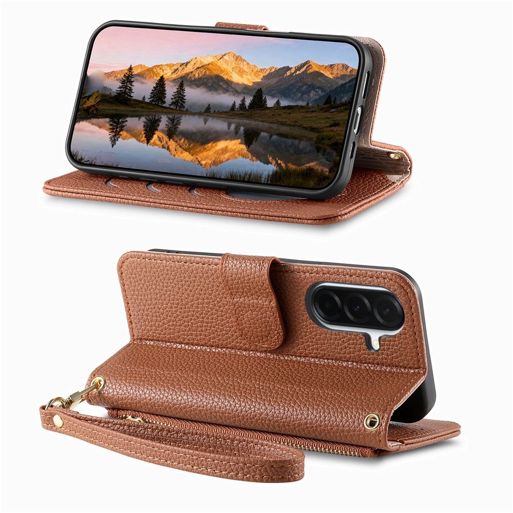 Samsung Galaxy S26 piniginės tipo dėklas su užtraukiama kišenėle ir riešo dirželiu (rudas) - Image 2
