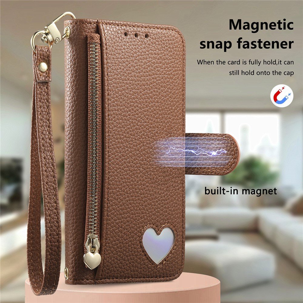 Samsung Galaxy S26 piniginės tipo dėklas su užtraukiama kišenėle ir riešo dirželiu (rudas) - Image 9