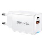 REMAX CA05 45 W GaN greitasis įkroviklis su USB-C, USB-A ir EU kištuku (baltas)