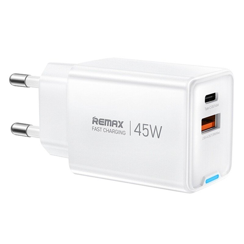 REMAX CA05 45 W GaN greitasis įkroviklis su USB-C, USB-A ir EU kištuku (baltas)