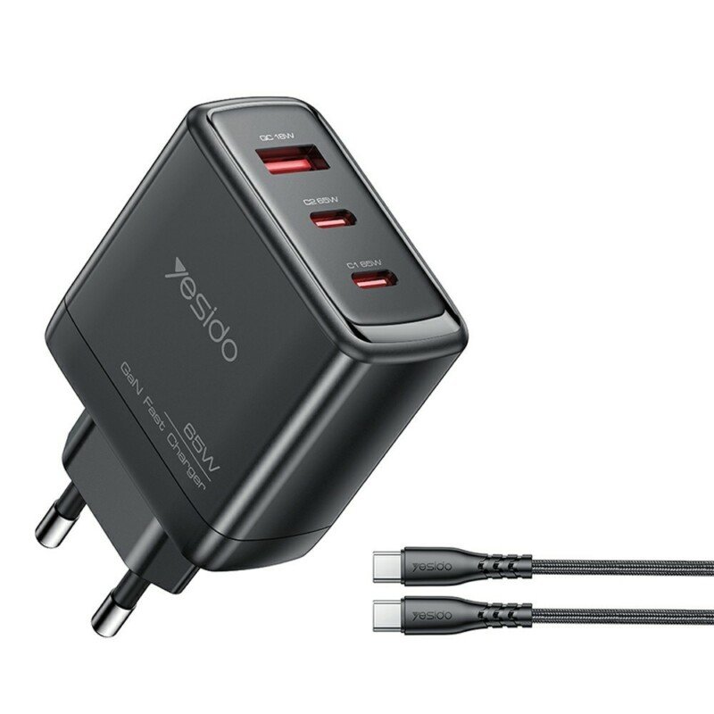 YESIDO YC144C 65 W GaN greitasis įkroviklis su 3 jungtimis, USB-C laidu ir EU kištuku (juodas)