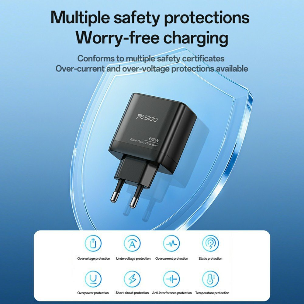 YESIDO YC144C 65 W GaN greitasis įkroviklis su 3 jungtimis, USB-C laidu ir EU kištuku (juodas) - Image 10