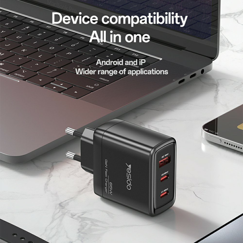 YESIDO YC144C 65 W GaN greitasis įkroviklis su 3 jungtimis, USB-C laidu ir EU kištuku (juodas) - Image 11