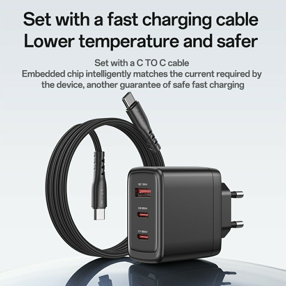 YESIDO YC144C 65 W GaN greitasis įkroviklis su 3 jungtimis, USB-C laidu ir EU kištuku (juodas) - Image 12