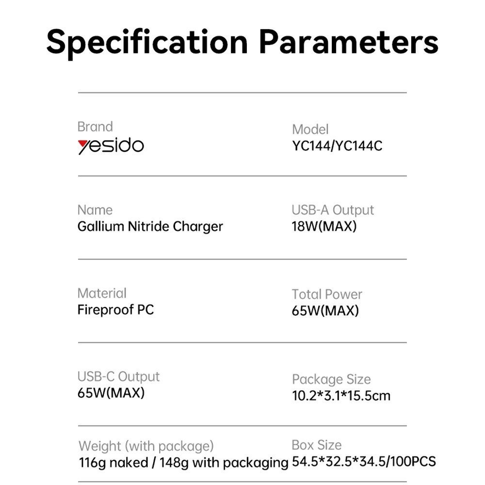 YESIDO YC144C 65 W GaN greitasis įkroviklis su 3 jungtimis, USB-C laidu ir EU kištuku (juodas) - Image 14
