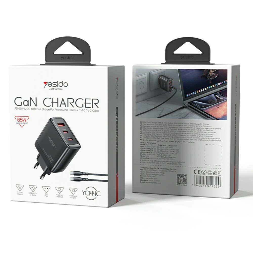 YESIDO YC144C 65 W GaN greitasis įkroviklis su 3 jungtimis, USB-C laidu ir EU kištuku (juodas) - Image 16