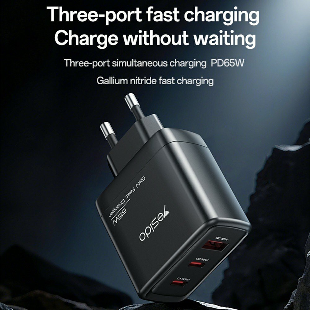 YESIDO YC144C 65 W GaN greitasis įkroviklis su 3 jungtimis, USB-C laidu ir EU kištuku (juodas) - Image 2