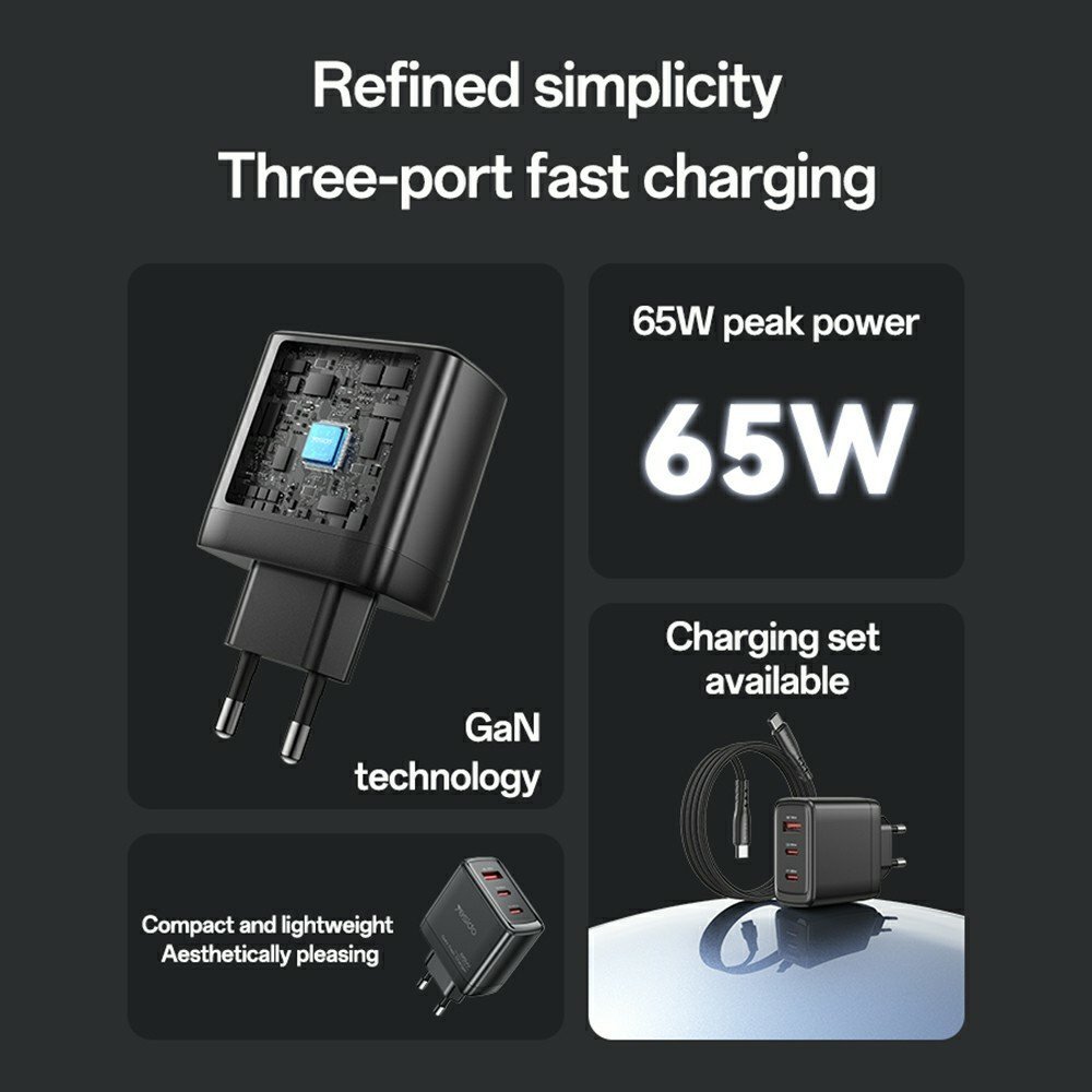 YESIDO YC144C 65 W GaN greitasis įkroviklis su 3 jungtimis, USB-C laidu ir EU kištuku (juodas) - Image 3
