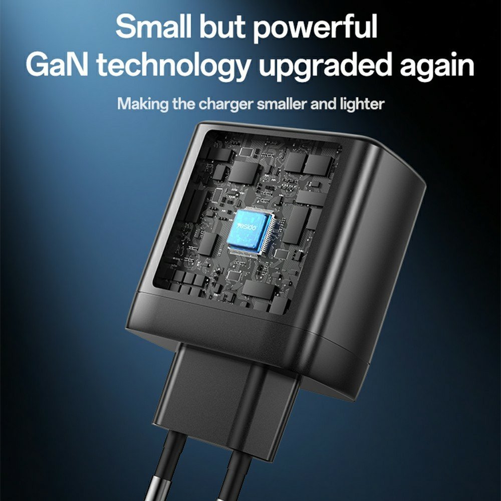 YESIDO YC144C 65 W GaN greitasis įkroviklis su 3 jungtimis, USB-C laidu ir EU kištuku (juodas) - Image 4