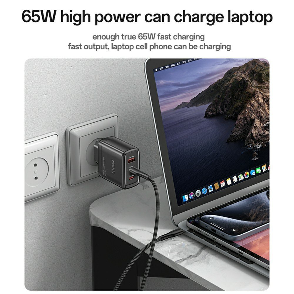 YESIDO YC144C 65 W GaN greitasis įkroviklis su 3 jungtimis, USB-C laidu ir EU kištuku (juodas) - Image 5