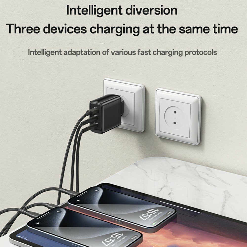 YESIDO YC144C 65 W GaN greitasis įkroviklis su 3 jungtimis, USB-C laidu ir EU kištuku (juodas) - Image 7
