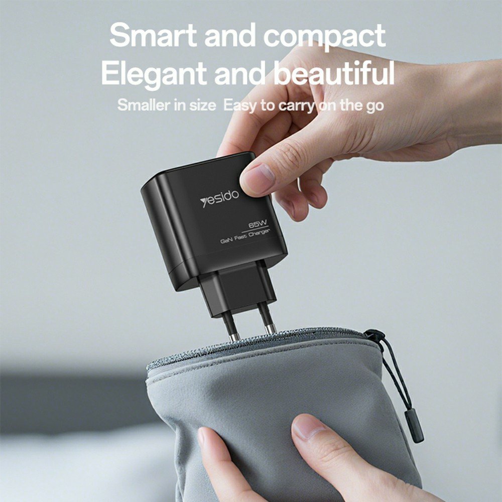 YESIDO YC144C 65 W GaN greitasis įkroviklis su 3 jungtimis, USB-C laidu ir EU kištuku (juodas) - Image 9