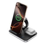 E16 sulankstoma belaidžio įkrovimo stotelė telefonui, AirPods ir Apple Watch, iki 15 W, su naktine lempute (juoda)