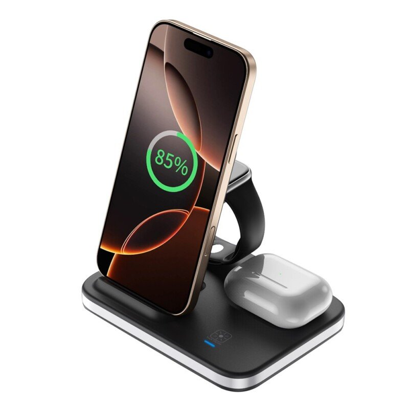 E16 sulankstoma belaidžio įkrovimo stotelė telefonui, AirPods ir Apple Watch, iki 15 W, su naktine lempute (juoda)
