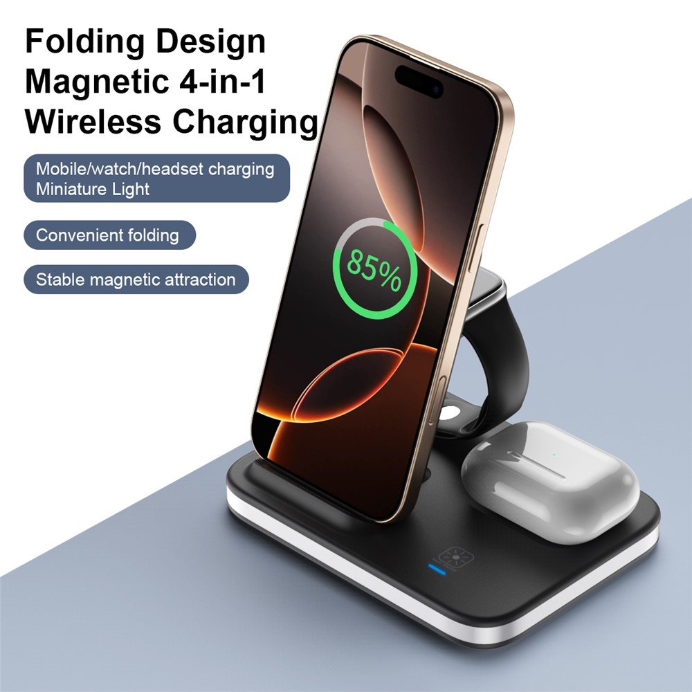 E16 sulankstoma belaidžio įkrovimo stotelė telefonui, AirPods ir Apple Watch, iki 15 W, su naktine lempute (juoda) - Image 2