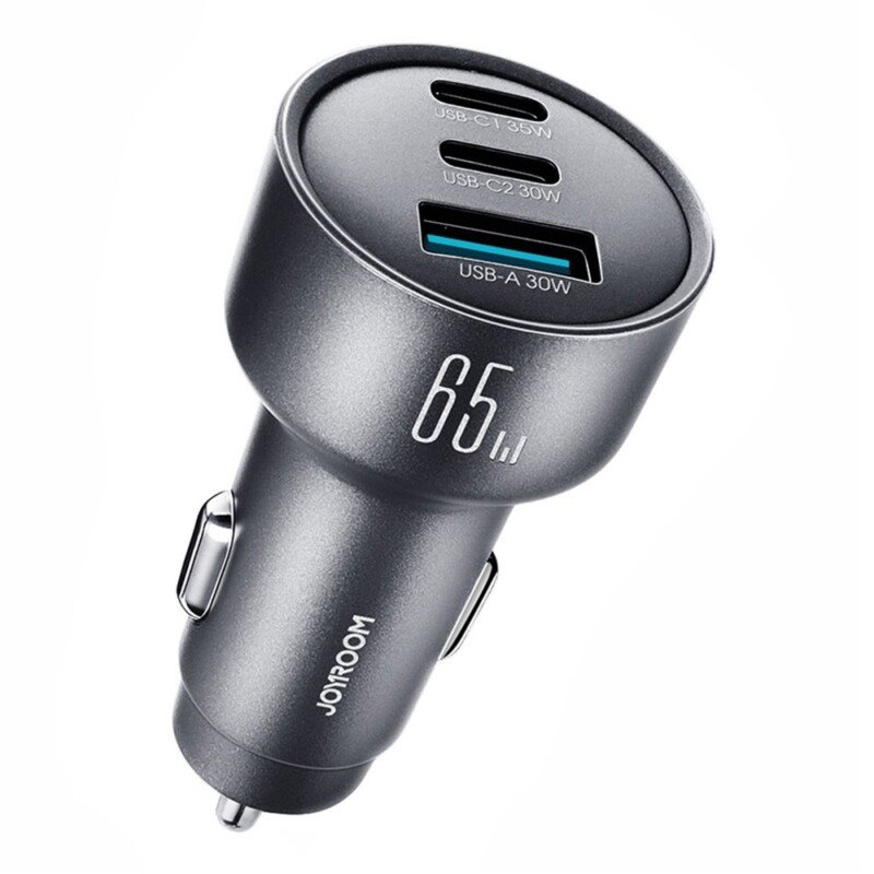 JOYROOM 65 W automobilinis įkroviklis 2×USB‑C + USB‑A JR‑CCN19, pilkas