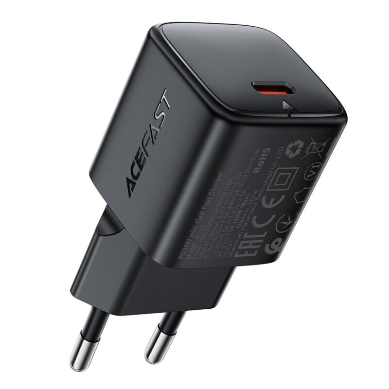 ACEFAST 30 W mini GaN USB-C sieninis įkroviklis A118, juodas