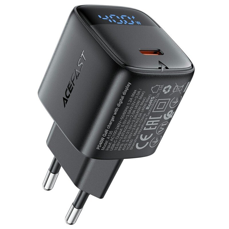 ACEFAST 40 W mini GaN USB-C sieninis įkroviklis A135 su LED ekranu, juodas