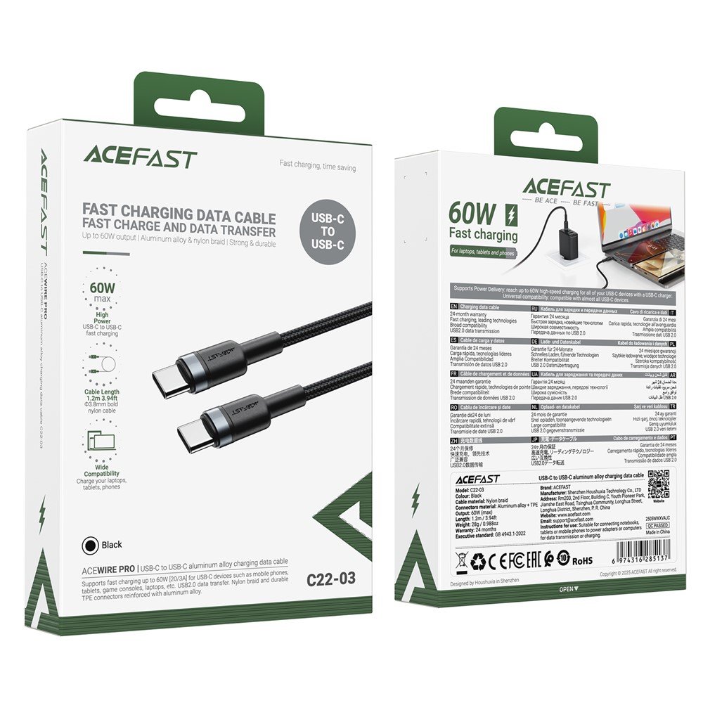 ACEFAST USB-C → USB-C greitojo įkrovimo ir duomenų perdavimo laidas, 60 W, 1,2 m, juodas - Image 7