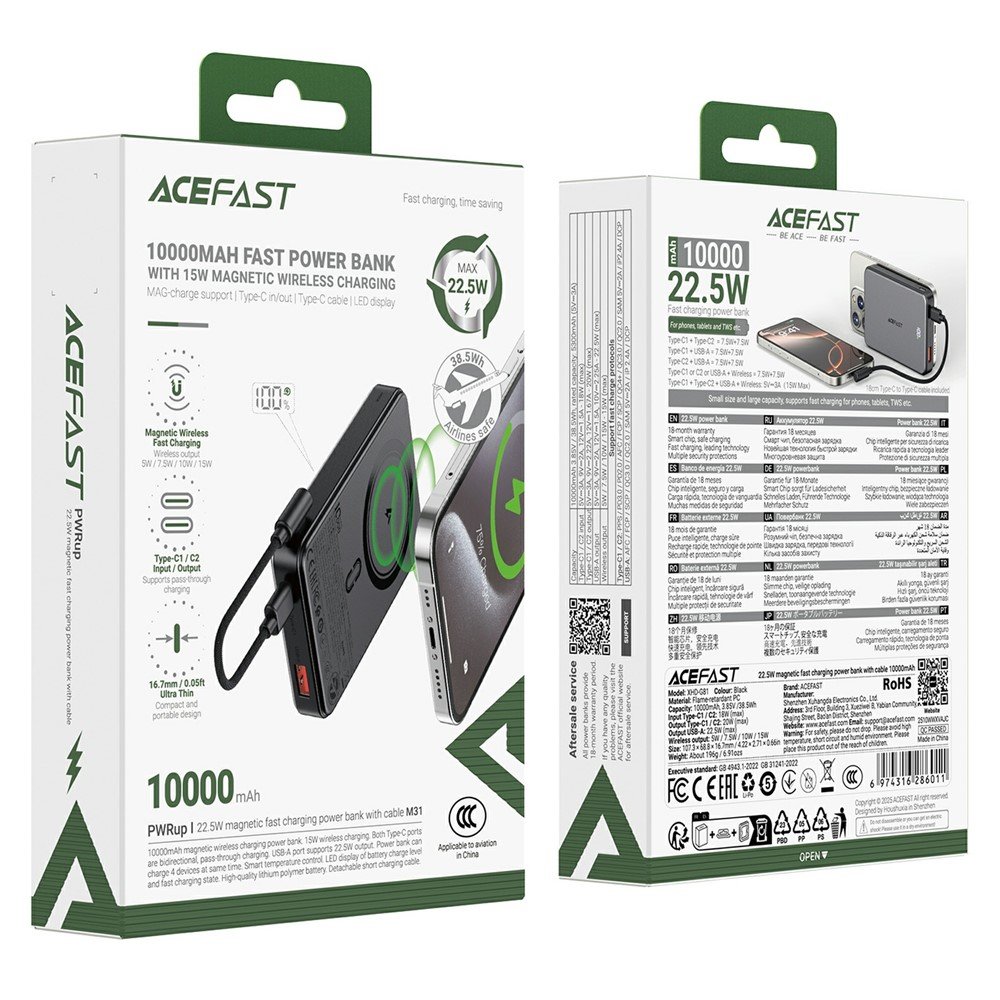 ACEFAST 10 000 mAh, 22,5 W magnetinė belaidė išorinė baterija M31-10000, juoda - Image 8